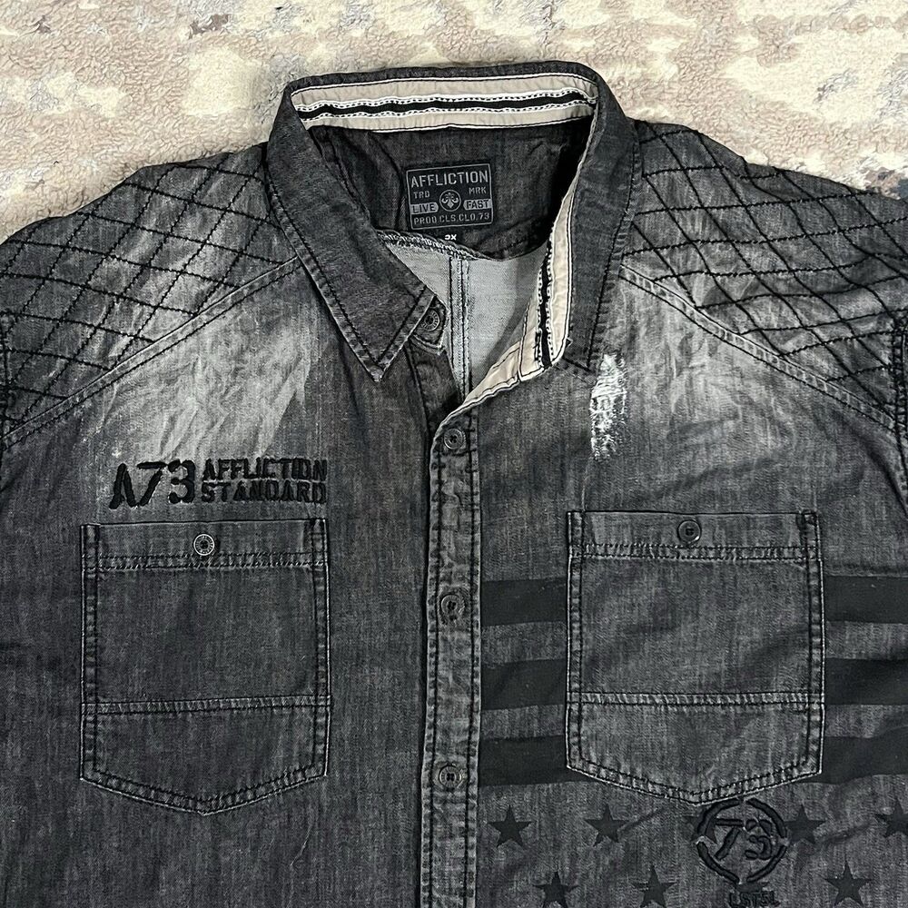 Affliction Live Fast A73 Button Up Shirt Mens 3XL Distressed Diamond Stitch Y2K - Picture 14 of 15